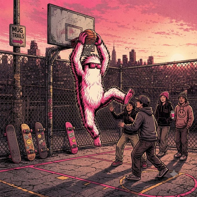 An illustrated pink furry creature wearing sunglasses dunks a basketball at an outdoor court at sunset, while skateboarders watch from the side and skateboards lean against the fence.