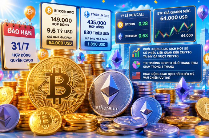 The image is a vibrant infographic-style graphic featuring stacks of gold Bitcoin and silver Ethereum coins, displaying key statistics for the July 31 options expiration: 149,000 BTC contracts ($9.6B notional, $64K max pain price) and 435,000 ETH contracts ($830M notional, $1,890 max pain price), along with a Put/Call ratio of 0.28 for Bitcoin and 0.63 for Ethereum. The visual corresponds to the post by highlighting that the $64,000 BTC max pain level is where most options expire worthless, aligning with the major expiry event described.