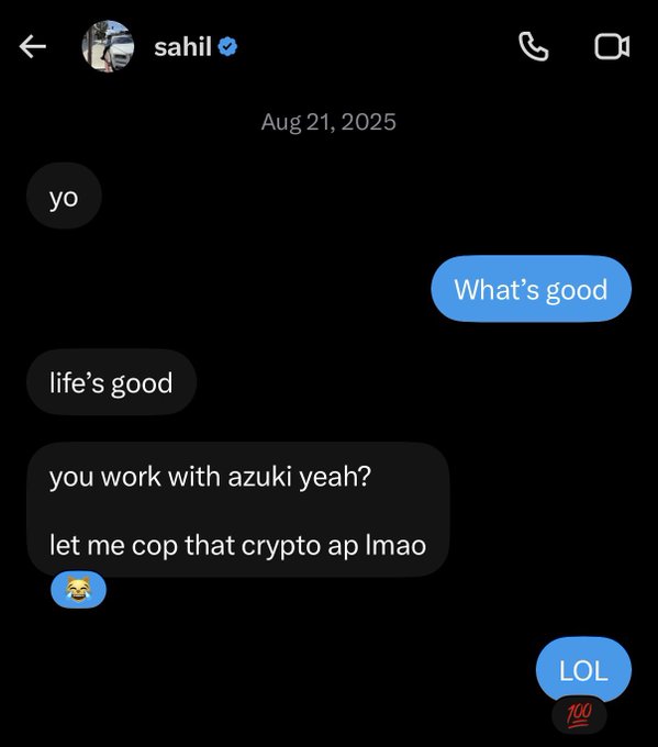 A screenshot of an Instagram DM conversation with "sahil" dated Aug 21, 2025, where he asks "you work with azuki yeah? let me cop that crypto ap lmao 😂" and the user replies "LOL 💯" — matching the post's story about nearly selling Sahil an Azuki watch.