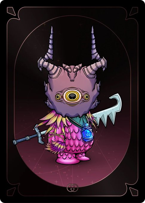 A fantasy illustration of a horned, one-eyed creature with colorful plumage holds a saw-like sword and a flask labeled 'G6' against a dark red background.