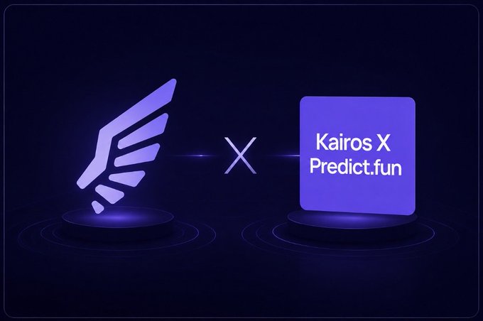A dark promotional graphic showing two glowing purple logos connected by an 'x', featuring a winged emblem on the left and a square reading 'Kairos X Predict.fun' on the right.