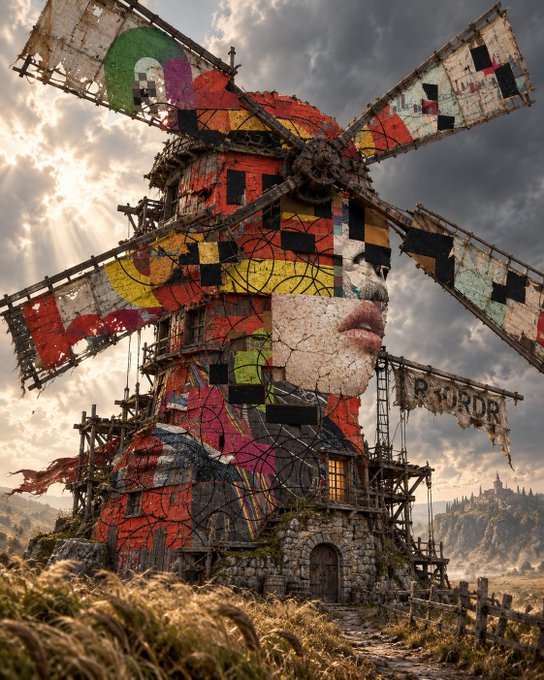 A surreal, decaying windmill structure is covered in colorful mosaic-like panels and a cracked face with red lips, set against a dramatic cloudy sky.