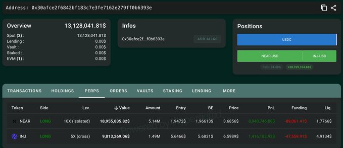 A cryptocurrency portfolio dashboard for address 0x30afce2f...f0b6393c showing an overview of $13,128,041.81, with positions in USDC and NEAR/USD, and a perps holdings table displaying LONG positions on NEAR (10X isolated) and INJ (5X cross).