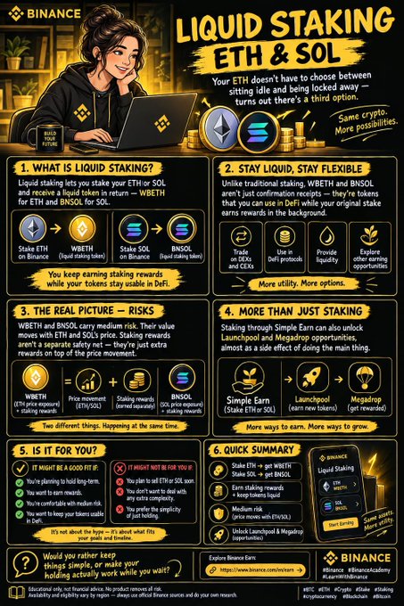 A Binance infographic titled "Liquid Staking ETH & SOL" explaining how users can keep earning staking rewards on ETH and SOL while their tokens stay usable in DeFi, featuring illustrations of WBETH and BNSOL. The image supports the post's theme by presenting liquid staking as the "third option" the author overlooked, highlighting benefits like DeFi utility, trade/liquidity opportunities, and risk comparisons between WBETH and BNSOL.