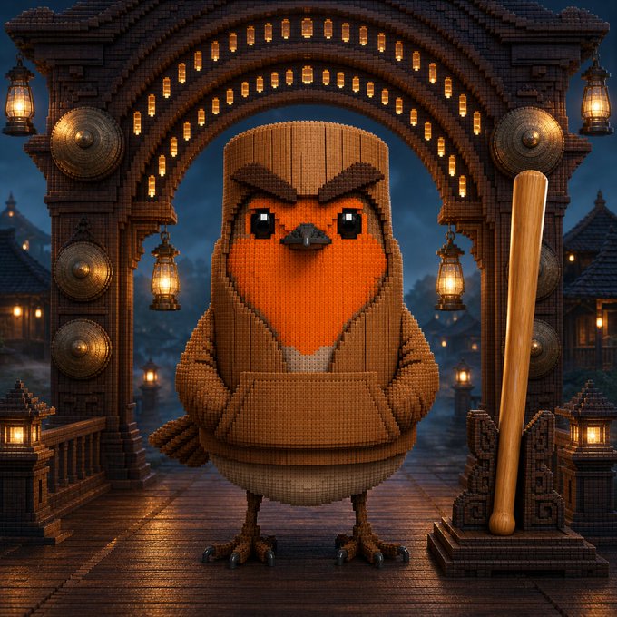 A knitted bird character wearing a brown hoodie stands in a lantern-lit wooden archway next to a wooden baseball bat.