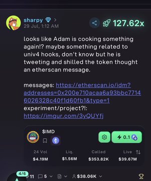 A tweet from 'sharpy' (@127.62x) discussing an 'Adam' character possibly creating an experiment project involving UV4 hooks and an etherscan message, mentioning a SIMD token with $4.19M 24h volume.