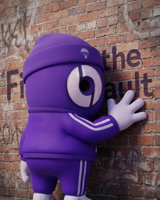 A 3D-rendered purple mascot character wearing a beanie, hoodie, and sweatpants, pressing against a brick wall with 'the vault' text visible.