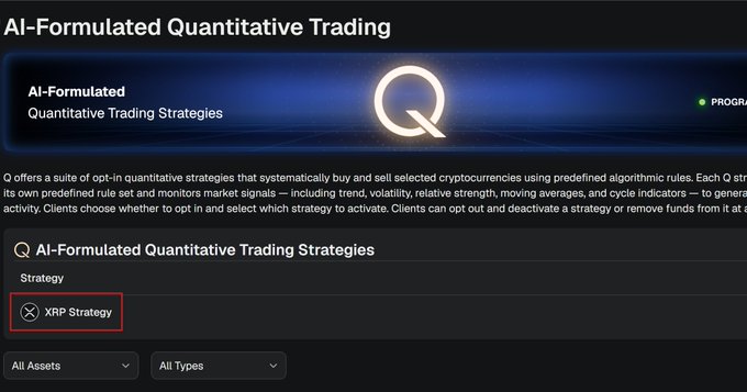 A website screenshot for "AI-Formulated Quantitative Trading" displaying the "XRP Strategy" option highlighted with a red box under the trading strategies section.