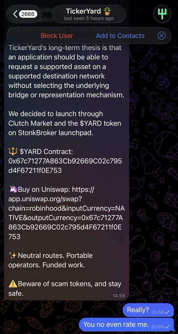 A screenshot of a Telegram chat from 'TickerYard' discussing an application and a '$YARD' token launch via Clutch Market and StonkBroker, including a Uniswap contract link.