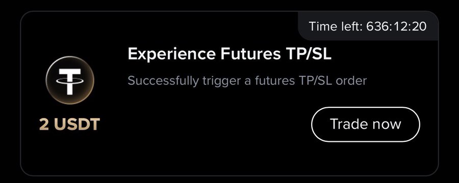 A dark-themed promotional card reads 'Experience Futures TP/SL' with the instruction 'Successfully trigger a futures TP/SL order,' a reward of '2 USDT,' a 'Trade now' button, and a timer showing 'Time left: 636:12:20.'