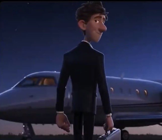 An animated scene of a man in a suit carrying a briefcase standing in front of a private jet at dusk.