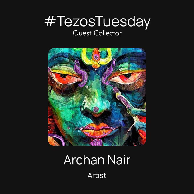 A vibrant, colorful digital portrait of a green-faced figure with intense orange eyes and decorative markings, featured as the artwork of artist Archan Nair for #TezosTuesday where she is announced as the guest collector who will collect 1000 tez worth of art from replies.