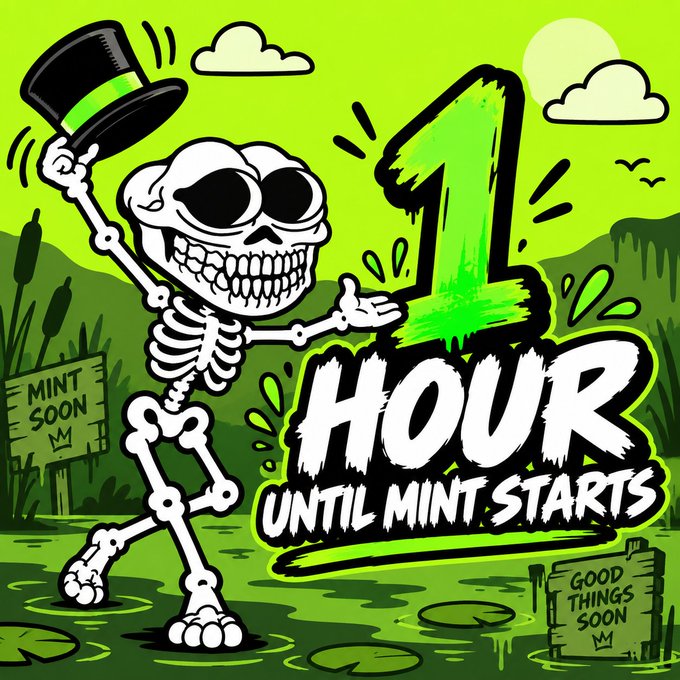 A cartoon skeleton tips its green top hat beside bold graffiti-style text reading "1 HOUR UNTIL MINT STARTS," set in a swampy green landscape with signs labeled "MINT SOON" and "GOOD THINGS SOON." The image visually reinforces the urgency of the post's whitelist countdown by pairing the time announcement with playful, frog-pond-inspired artwork that matches the frog emoji.