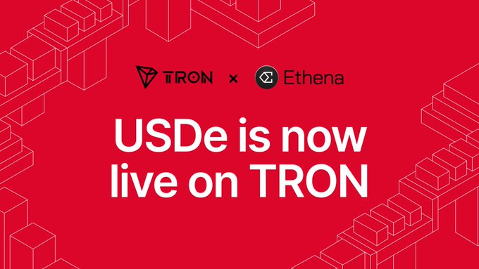 A red promotional banner announcing 'USDe is now live on TRON' featuring the TRON and Ethena logos.