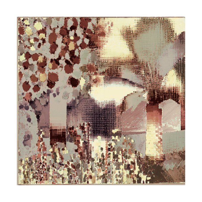 The image features a painting of a garden with trees, flowers, and a house. The artist has used a digital art style that creates an abstract representation of the scene. The painting includes various shades of browns, grays, and greens, giving it a unique and artistic appearance. The post on social media is titled "Garden on Lake Thun" by @juergkobel, which indicates that this artwork was created for a specific location or event related to gardening or nature.