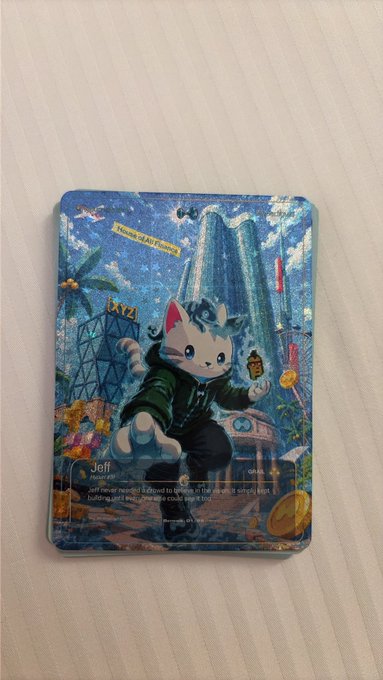 A custom Pokémon trading card featuring the character 'Jeff' designed in the style of Vincent van Gogh's Starry Night, with an 'XY2' set symbol and holographic finish.