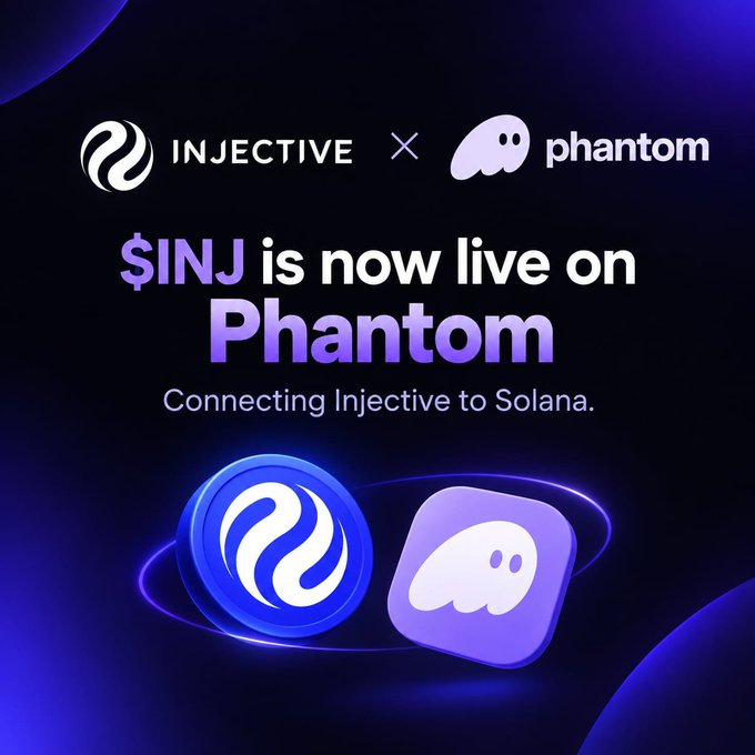 A promotional graphic announcing that the $INJ token is now live on the Phantom wallet, connecting Injective to Solana, featuring the logos of both platforms.