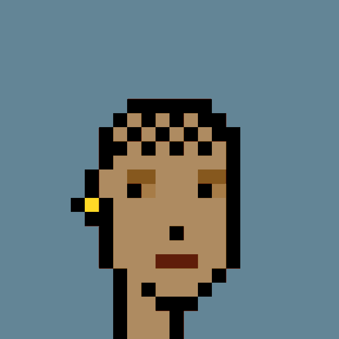 A pixel art portrait identical to the previous image, showing a person with light brown skin, a checkered headband, and a yellow earring against a solid light blue background.