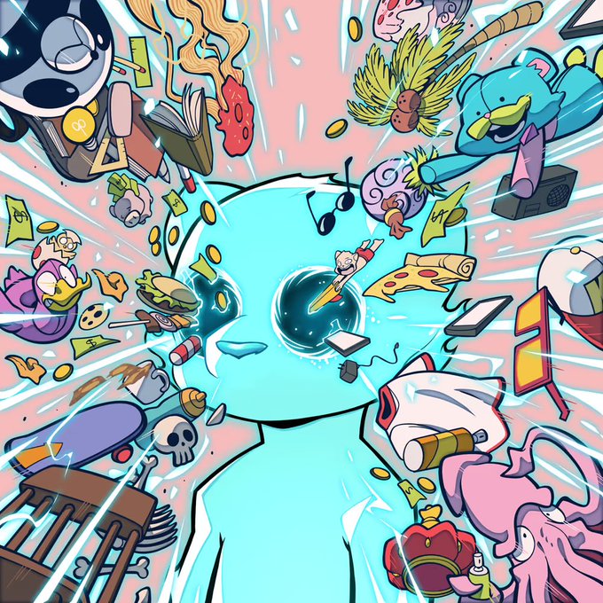 A vibrant, chaotic illustration featuring a light blue character with musical notes being pulled into a black hole, surrounded by a swirling explosion of objects like a skull, hamburger, crown, book, and rocket.