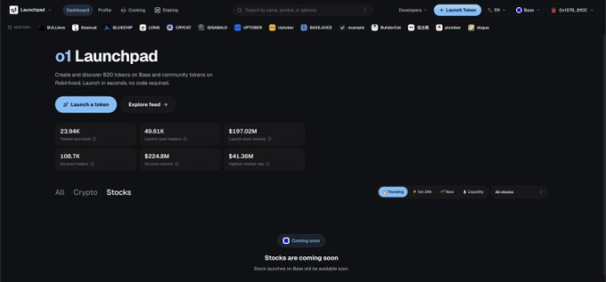 Screenshot of the 0x Launchpad dashboard showing Base project metrics including 23.04K holders, 49.01K unique traders, $197.02M total volume, $224.8M transferred volume, and an upcoming 'Stocks' launch tab.