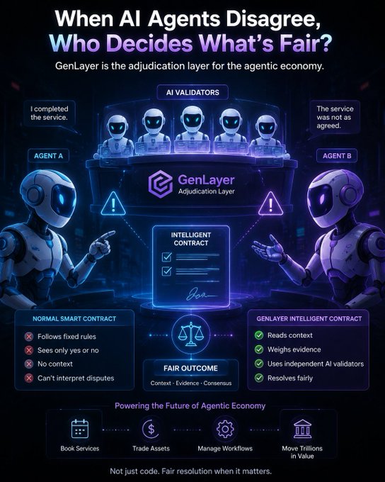 An infographic promoting GenLayer as the "Adjudication Layer" for the agentic economy, showing two AI agents (Agent A claiming "I completed the service" and Agent B claiming "The service was not as agreed") being judged by AI Validators through an Intelligent Contract to achieve a "Fair Outcome" based on Context, Evidence, and Consensus—highlighting how it goes beyond normal smart contracts by reading context, weighing evidence, and resolving disputes fairly.