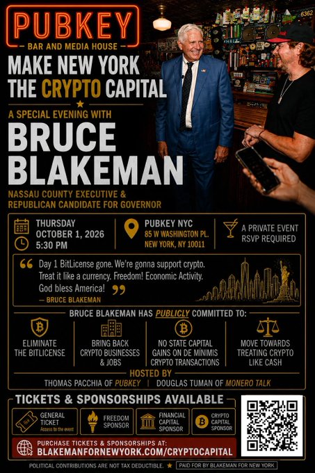 A promotional poster for a 'PUBKEY - BAR AND MEDIA HOUSE' event titled 'MAKE NEW YORK THE CRYPTO CAPITAL' featuring Republican candidate for Governor BRUCE BLAKEMAN, scheduled for Thursday, October 1, 2026.