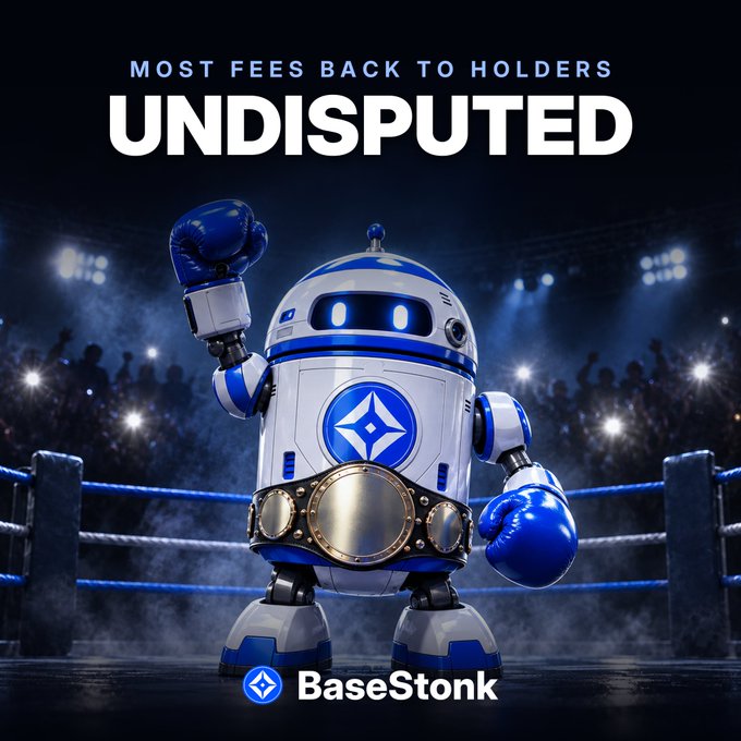 A promotional graphic featuring a blue and white robot wearing boxing gloves and a championship belt in a ring, with text reading 'MOST FEES BACK TO HOLDERS UNDISPUTED' and the 'BaseStonk' logo.