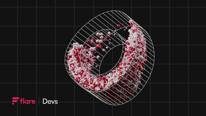 The image shows a circular graphic with red, pink, and white particles swirling within a white wireframe cylindrical structure against a black grid background, with "flare Devs" branding visible in the bottom-left corner. It visually represents the Flare Data Connector (FDC) concept from the post, illustrating how external data flows through the network and accumulates value—mirroring the swirling particles and circular motion that symbolize data attestation requests feeding back into the FIRE token ecosystem.