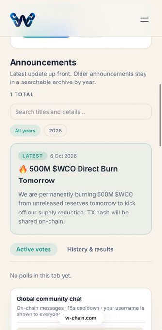 A mobile app announcement page from w-chain shows '500M $WCO Direct Burn Tomorrow' dated 6 Oct 2026, with sections for Active votes, History & results, and Global community chat.