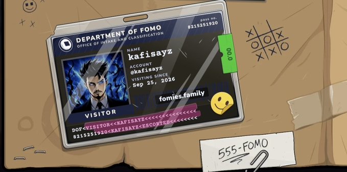 A cartoon-style illustration of a 'Department of FOMO' ID card for name 'kafisayz' (@kafisayz), account visiting since Sep 25, 2026, with a Doom-inspired character avatar.