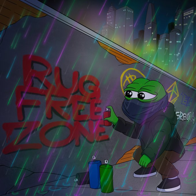Digital illustration of a green Pepe-style frog character in a hoodie spray-painting 'RUG FREE ZONE' in red on a wall in a rainy urban night setting, with spray paint cans on the ground.