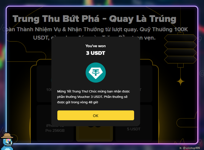 A Vietnamese-language 'Trung Thu Bứt Phá - Quay Là Trúng' (Mid-Autumn Festival spin-to-win) promotional popup announces 'You've won 3 USDT' with a USDT (Tether) logo and an OK button, set against a dark neon-bordered background.