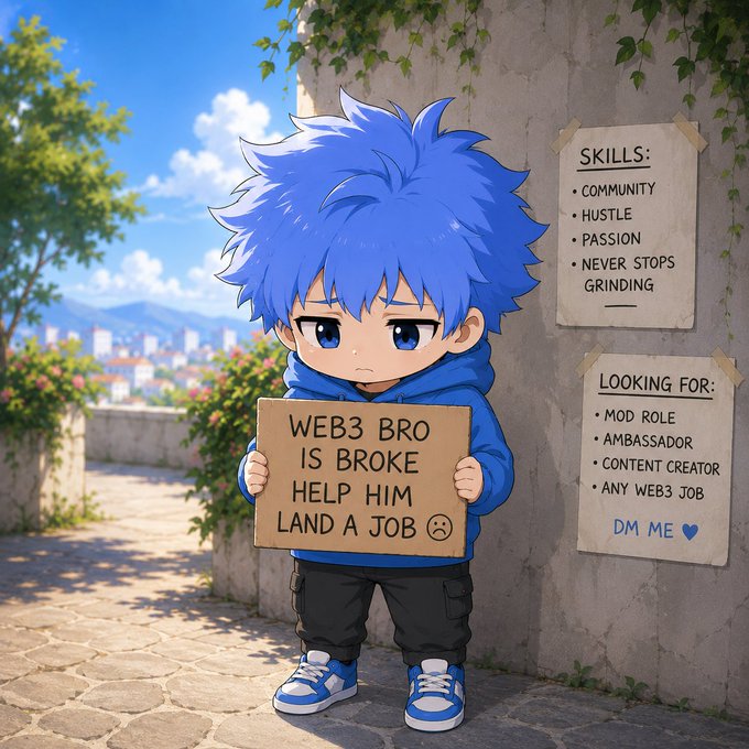An anime-style chibi character with blue hair holding a cardboard sign that reads 'WEB3 BRO IS BROKE HELP HIM LAND A JOB', standing next to posted 'SKILLS' and 'LOOKING FOR' lists.