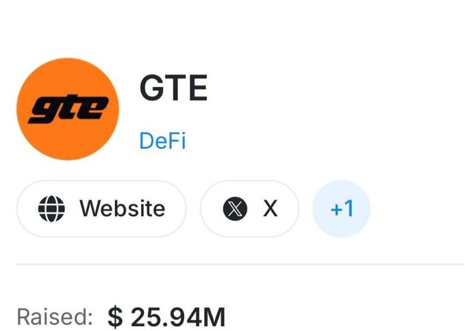 A profile card for the DeFi project GTE featuring an orange circular logo with 'gte' text, website and X (Twitter) buttons, and showing a total raised amount of $25.94M.