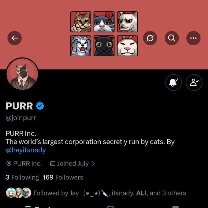 The image shows a Twitter/X profile for "PURR" (@joinpurr), described as "The world's largest corporation secretly run by cats," with a pixel art banner featuring six cat characters and a profile picture of a cat in a business suit. The profile displays 169 followers and is followed by @heyitsnady, confirming the early call details about the project, artist, and follower count mentioned in the post.