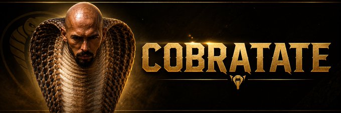 A promotional banner for the "COBRATATE" cryptocurrency features Andrew Tate with a cobra hood, visually playing on the snake imagery referenced in the name to emphasize his personal branding on the Solana pump.fun token.