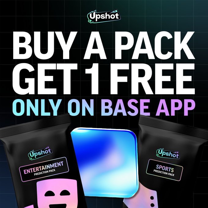 The image is a promotional graphic for Upshot featuring the text "BUY A PACK GET 1 FREE ONLY ON BASE APP" displayed prominently against a dark grid background. Below the text, two black "Upshot" branded packs—one labeled "ENTERTAINMENT PREDICTION PACK" and the other "SPORTS PREDICTION PACK"—flank a glowing blue Base app icon, visually reinforcing the post's limited-time offer to receive a free bonus pack when purchasing through the Base app.