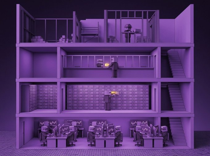 A 3D rendered purple-toned cross-section illustration of a multi-story building showing different floors with workers at desks, storage areas, and office spaces.