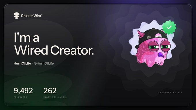 A 'Creator Wire' profile card for 'HushOfLife' (@HushOfLife) declares 'I'm a Wired Creator' with 9,492 followers and 262 smart followers, featuring a pink cartoon owl character.