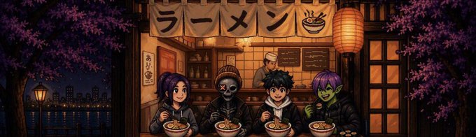 An animated/illustrated scene of four anime-style characters (including a zombie and a green-skinned figure) eating ramen at a Japanese ramen shop with a 'ラーメン' (Ramen) banner and red lantern at night.