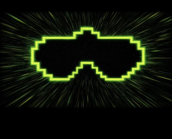 A glowing green pixelated bat symbol from the Batman logo radiates outward against a black background with light streaks.
