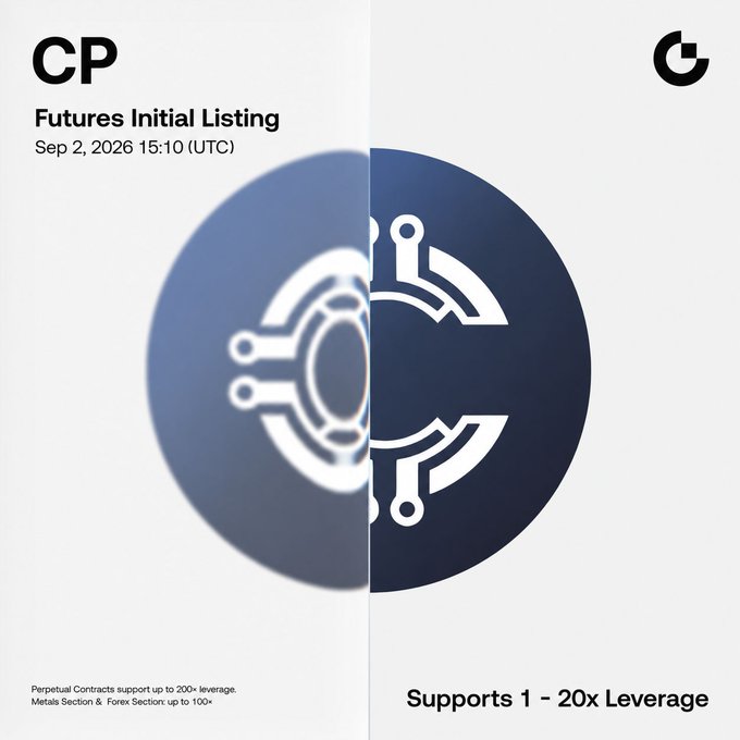 Gate.io announces the futures initial listing of $CP (Open Protocol) against USDT, set to begin trading on September 2, 2026 at 15:10 UTC with leverage support ranging from 1x to 20x.