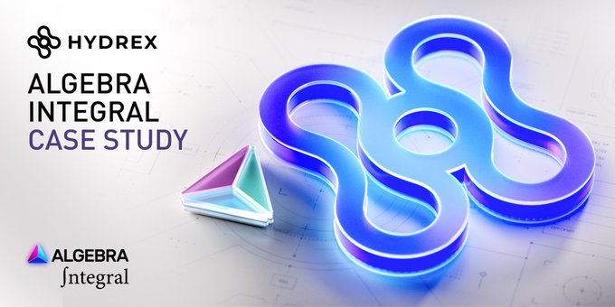 A promotional graphic for Algebra Integral's case study features the "HYDREX" and "ALGEBRA Integral" logos alongside a large, glowing 3D infinity symbol and a stylized "A" icon, visually representing the concept of capital efficiency and outperformance highlighted in the accompanying post about HydrexFi outperforming Curve Finance on Base.