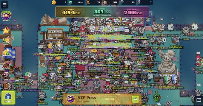 A screenshot of a chaotic multiplayer online game showing a crowded map filled with player characters, names, and effects, with top displays showing balances like '4194 USD', '863 USD', and '2108 USD', and a 'VIP PASS' button at the bottom.