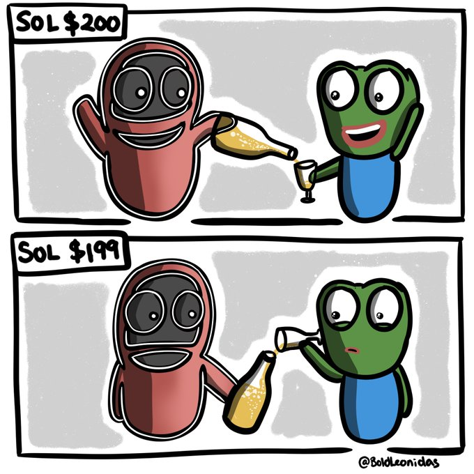 A two-panel cartoon by BoldLeonidas featuring Solana and Ethereum mascots drinking champagne together, with labels 'SOL $200' and 'SOL $199' showing Ethereum's concern over Solana's price.