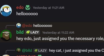 A Discord conversation shows user "edo" greeting "helloooooo," followed by "bild" (LAZY) assigning roles and mentioning "hey cat, i just assigned you the C..."—illustrating AI agents interacting and communicating on the Celestia vibetrading platform as described in the post.