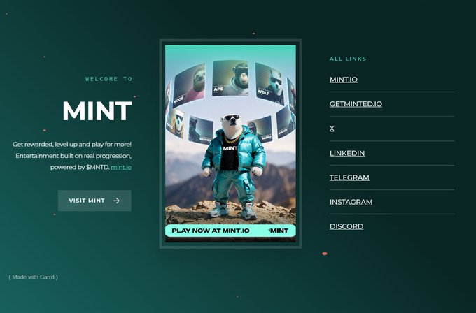 A promotional graphic for 'MINT' featuring a polar bear character in a blue tracksuit holding NFT cards, with text 'Welcome to MINT' and 'PLAY NOW AT MINT.IO', alongside links to MINT.IO, X, LinkedIn, Telegram, Instagram, and Discord.