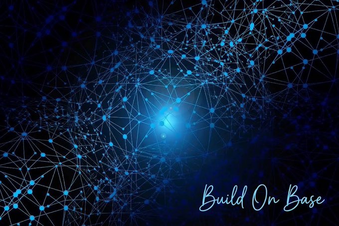 A digital abstract graphic with a glowing blue center connected by intricate, web-like lines and dots against a dark background, featuring the text 'Build On Base' in the bottom right.