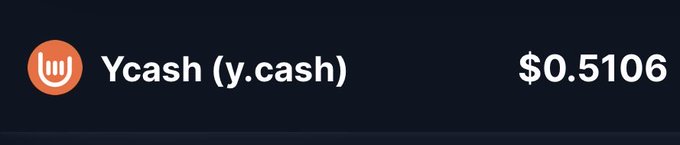 The image shows a cryptocurrency price display for Ycash (y.cash) trading at $0.5106, with the project's distinctive orange "W" logo on the left. This visual relates to the accompanying post about Ycash being a Zcash fork that has existed since July 2019, which established community-supported funding mechanisms like the lockbox model and retroactive coin holder polling grants rather than a traditional dev fund.