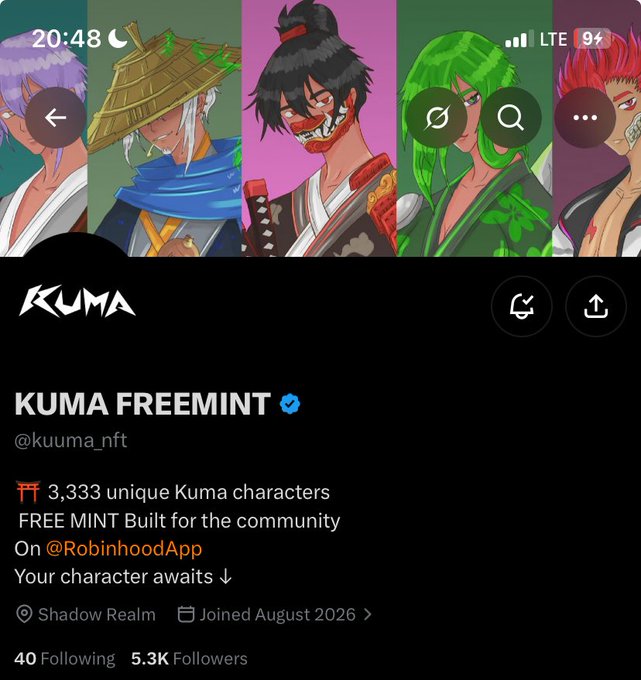 A Twitter/X profile page for 'KUMA FREEMINT' (@kuuma_nft) advertising 3,333 unique Kuma characters as a FREE MINT on Robinhood App, with a banner showing anime-style samurai characters and 5.3K followers.